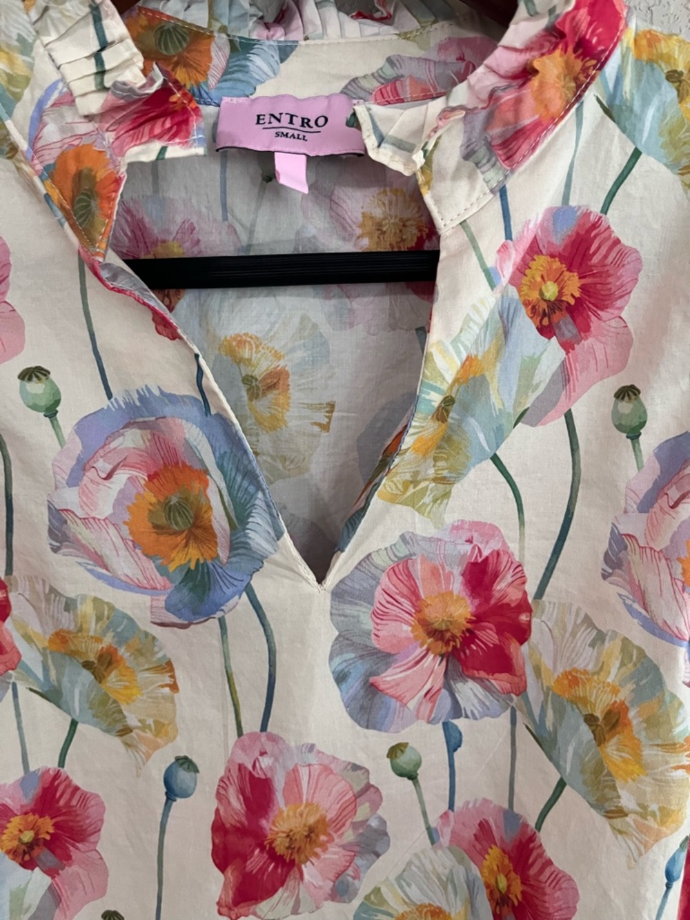 Entro Floral Poppy Ruffle Neck Puff Sleeve Blouse Size Small - Picture 5 of 13